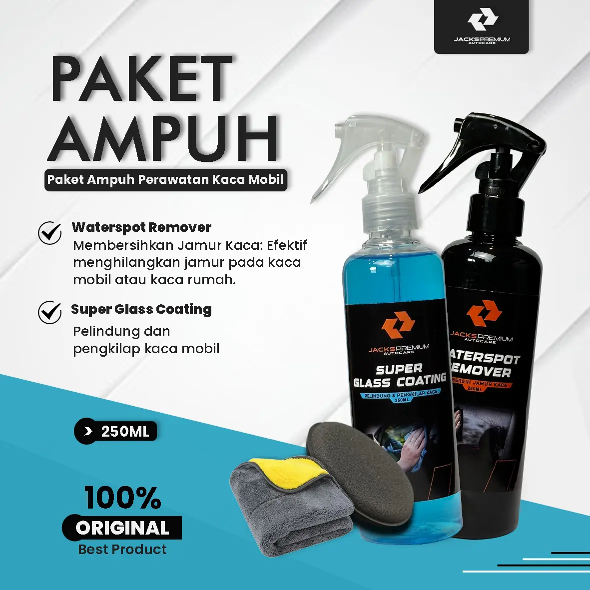Jacks Paket Ampuh ( Perawatan Mobil Efektif Hilangkan Jamur Kaca dan Pelindung Kaca Mobil ) All Varian 250 ML Spons dan Kain Microfiber