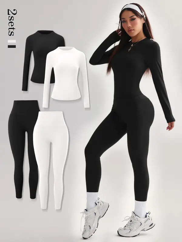 Women's Solid Long Sleeve Tee & Leggings Tracksuit Set, Sporty Breathable Comfy Set for Yoga Gym Workout Running, Ladies Sportswear for All Seasons 1