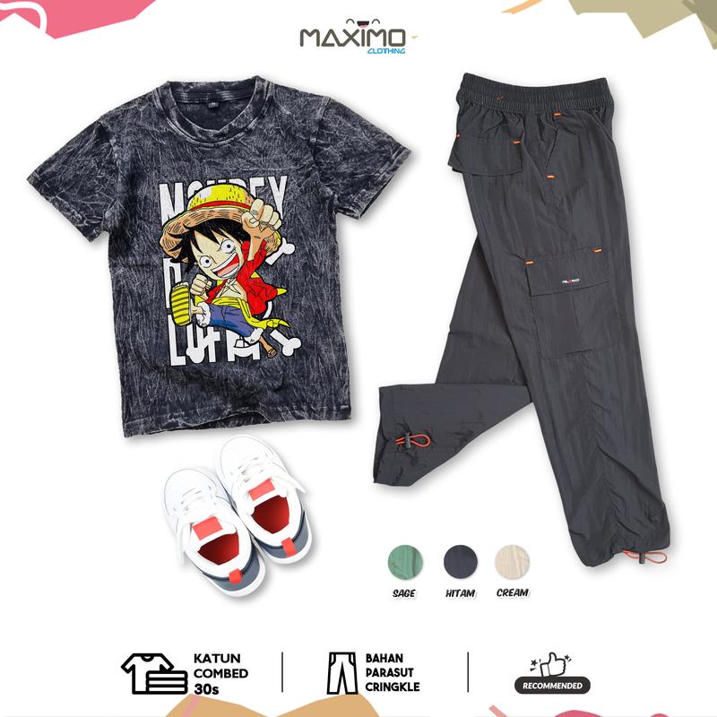 Product Introduction of Setelan baju anak anak laki laki - Chibi Luffy One Piece Wash dan Celana Kargo Parasut Panjang 3 warna - untuk Usia 4 Hingga 12 Tahun - Fashion Anak 1