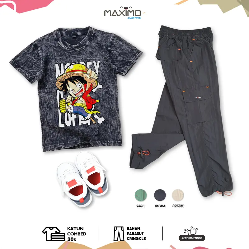 Setelan baju anak anak laki laki - Chibi Luffy One Piece Wash dan Celana Kargo Parasut Panjang 3 warna - untuk Usia 4 Hingga 12 Tahun - Fashion Anak 0