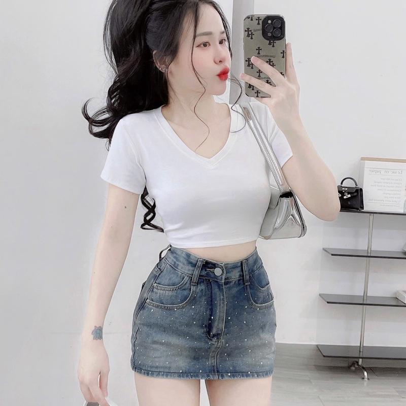 Áo thun croptop nữ cổ tim tay ngắn áo baby tee ôm body co dãn 4 chiều Women croptop  xinh xám Nhung áo  hở aobody