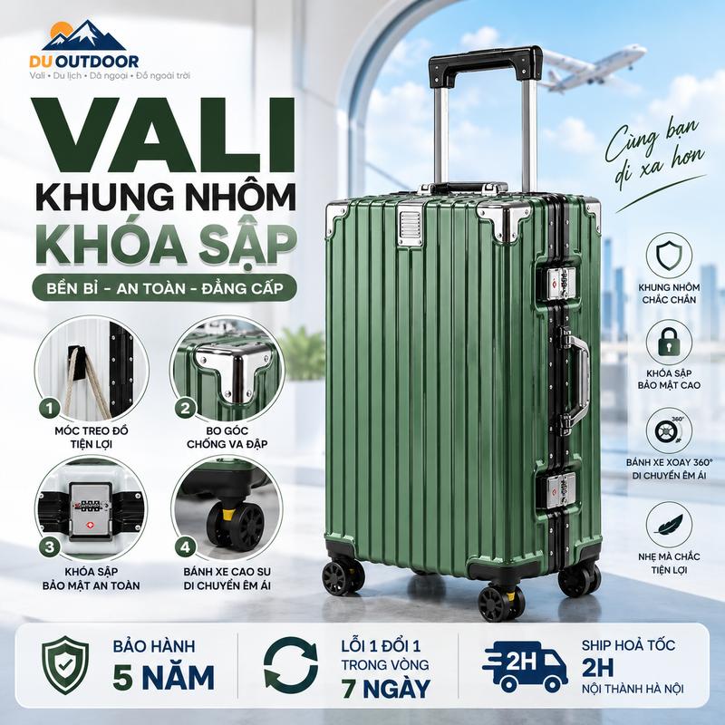 [SIZE 20/24/28] Vali Khung Nhôm Khoá Sập Có Móc Treo Bánh Xe Trơn Tru Vali Khung Nhôm Khoá Sập Giá Rẻ Vali Du Outdoor BẢO HÀNH 5 NĂM
