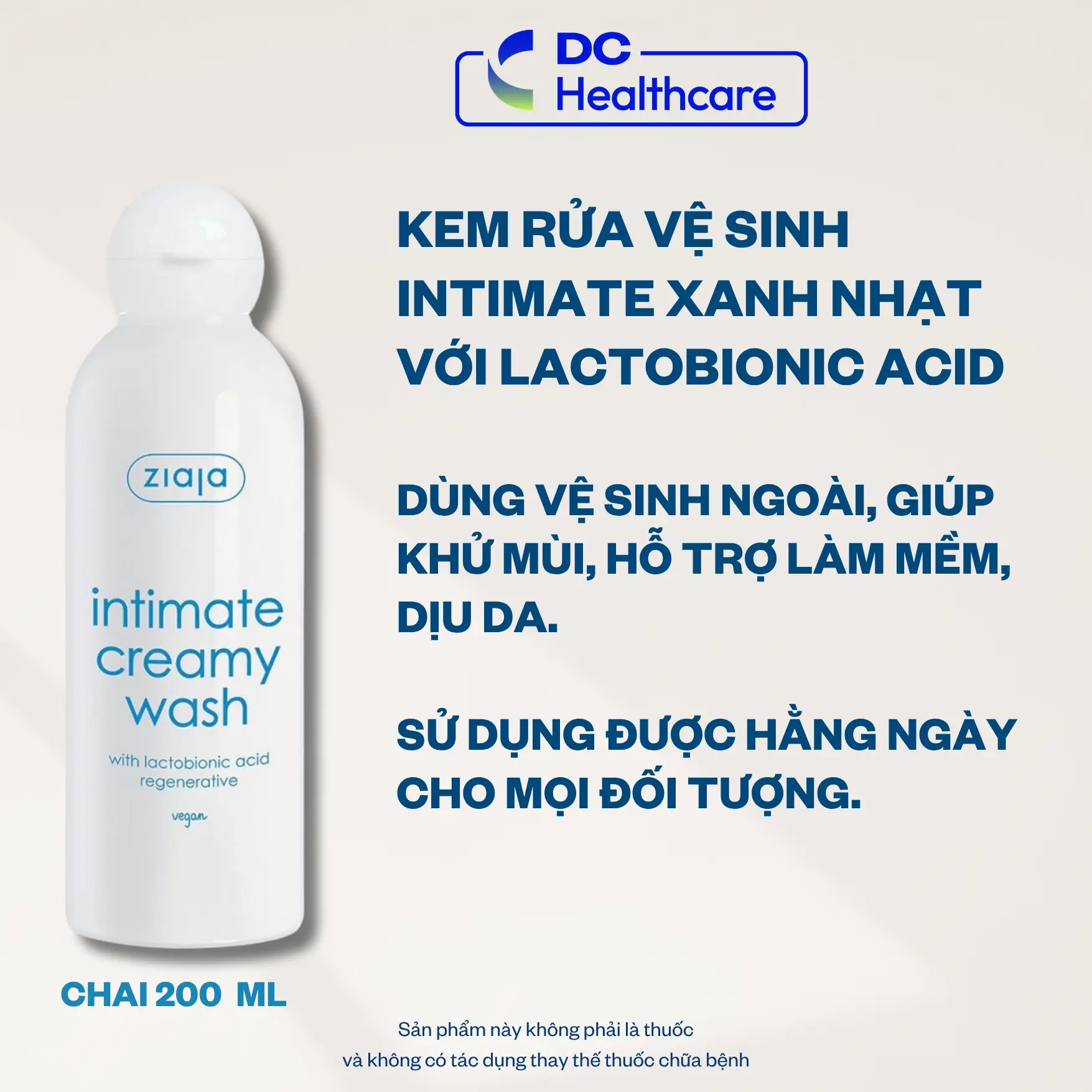 Kem vệ sinh Ziaja Intimate Creamy Wash With Lactobionic Acid Xanh Nhạt chai 200ml hỗ trợ làm sạch dịu nhẹ dành cho người lớn