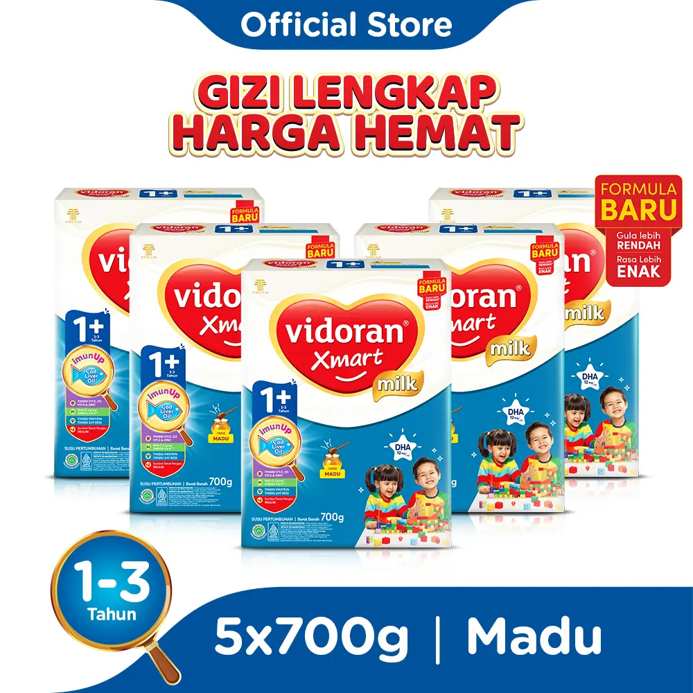 vidoran Xmart 1+ Madu 700gr Susu Pertumbuhan Anak 1-3 Tahun - 5 box  (Bubuk) Exp: 07.2026