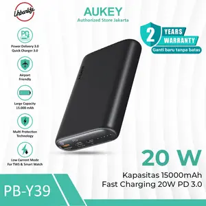 AUKEY POWERBANK Kapasitas Besar 15000mAh 20W USB A & Type C PD 3.0 Pengecasan Cepat Fast Charging PB-Y39