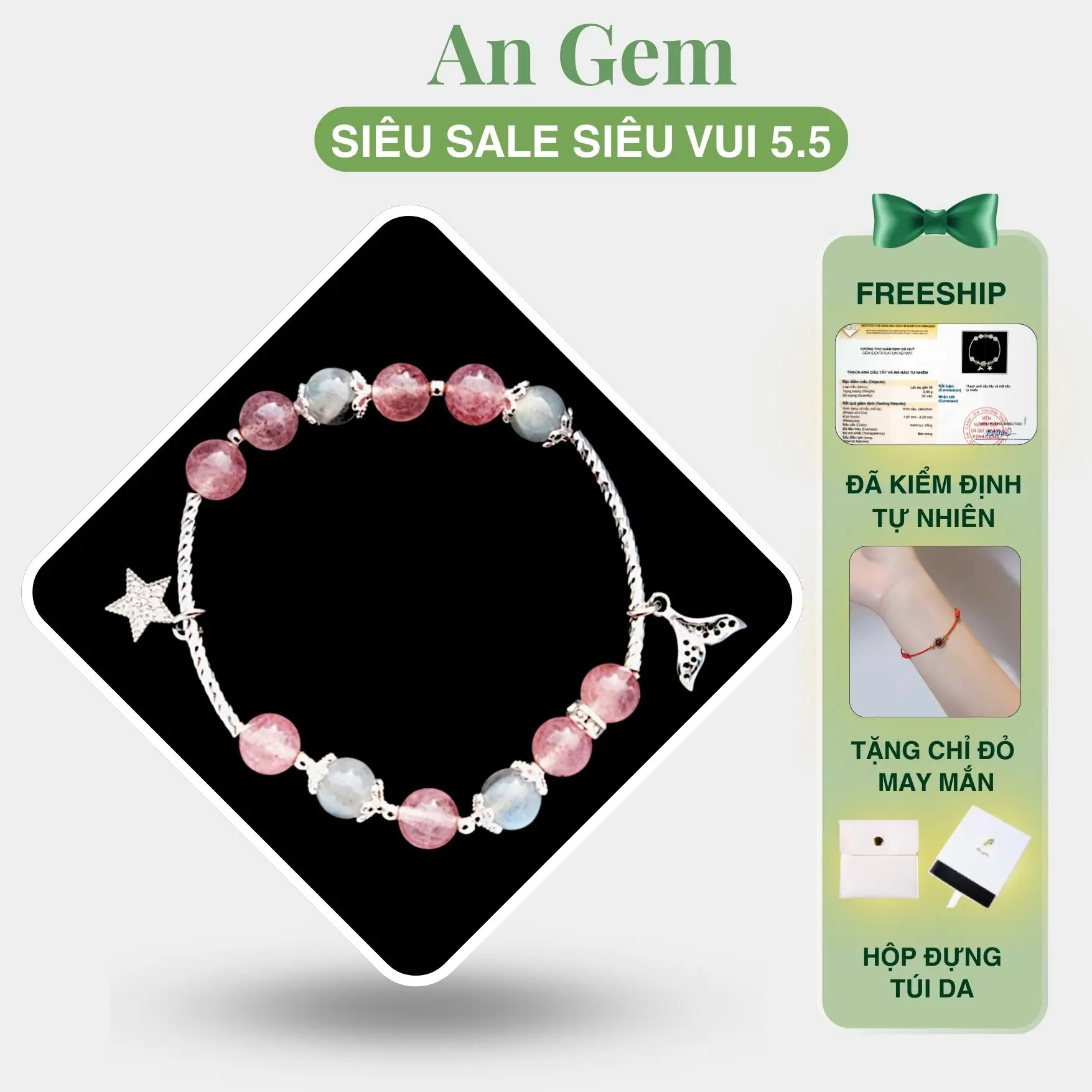 Vòng tay An gem đá dâu tây hồng mix xà cừ full charm lắc tay phong thuỷ đá dâu tây mix Labradorite phụ kiện đeo tay nữ quà tặng sinh nhật giáng sinh Noel Tết Valentine [TẶNG VÒNG CHỈ ĐỎ]