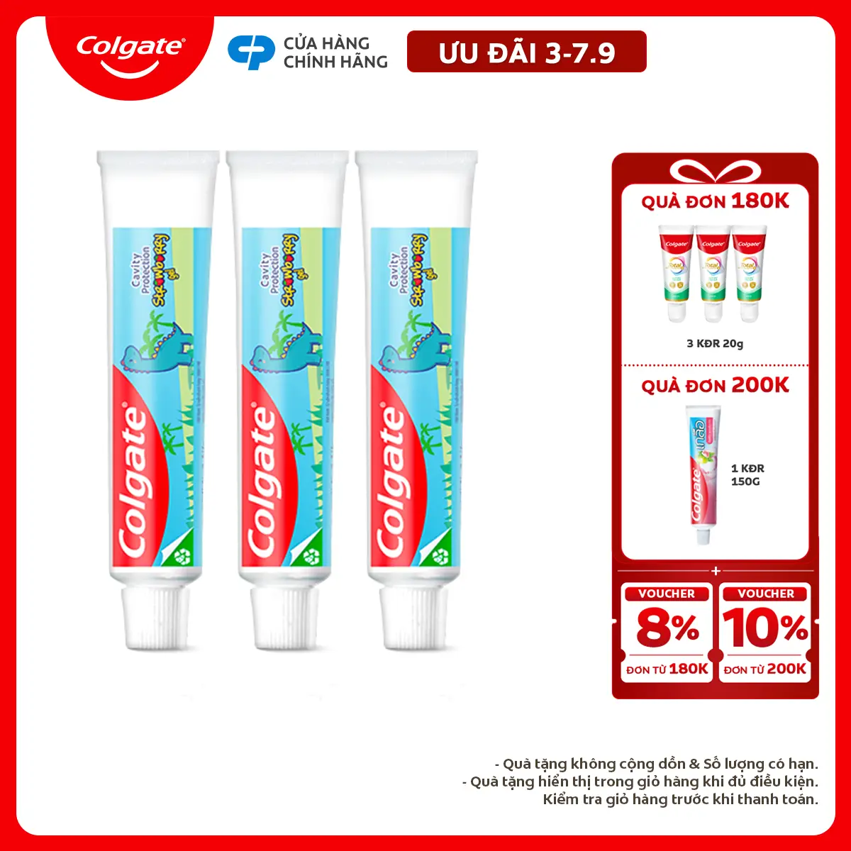 [Ưu đãi 3-7.9] Bộ 3 kem đánh răng Colgate trẻ em khủng long hương dâu 40g