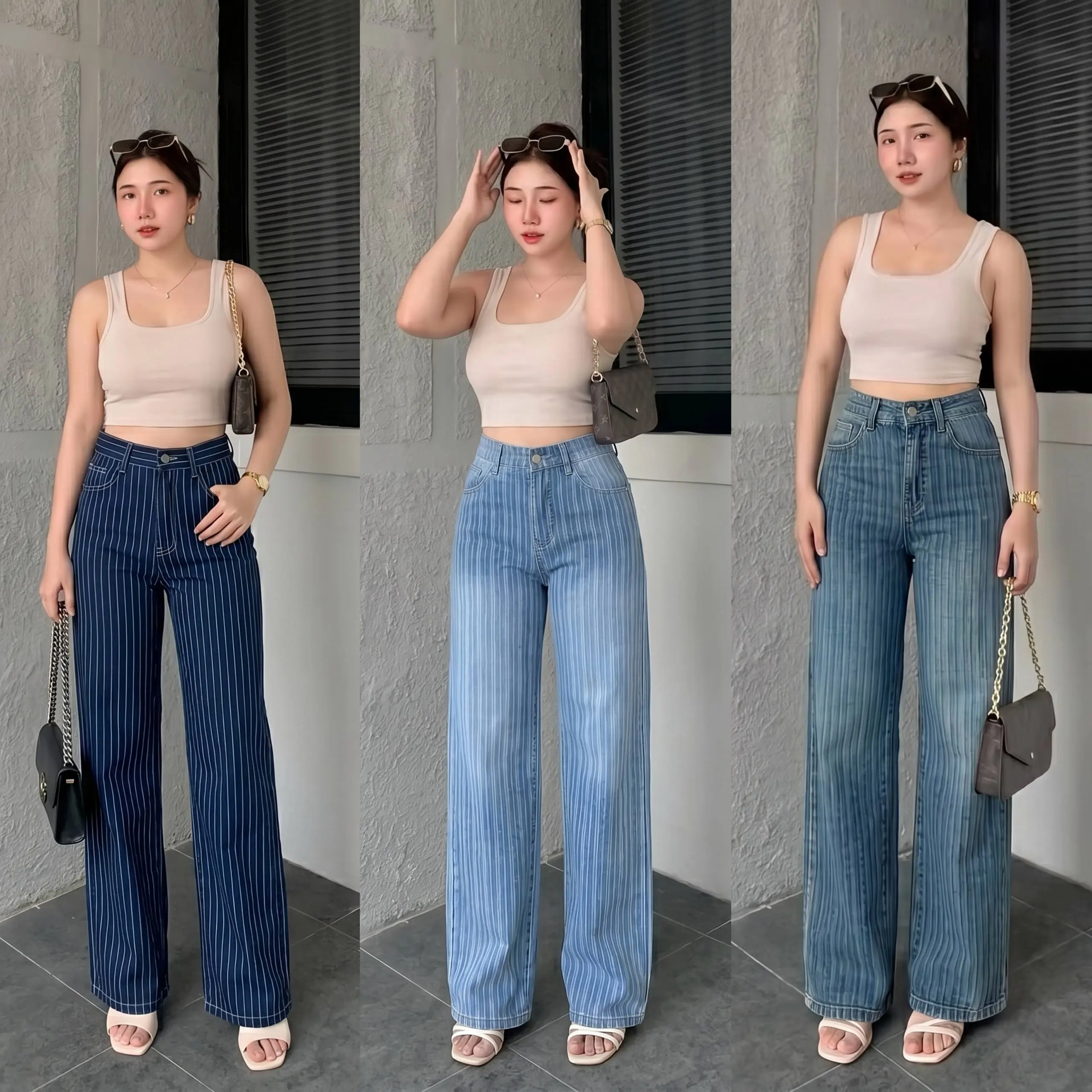 Jhoin Jeans - Celana Highwaist Baggy Jeans Wanita Dewasa Premium Quality Boyfriend Unisex Kulot Loose Skena Motif Salur Terbaru