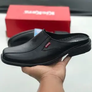 Bustong Pria Sepatu Sandal Pantofel Hitam Kulit Canvas & Karet Elegan Slip Resistant Flat Sendal Selop Karet Sandal Hitam Sehari-hari