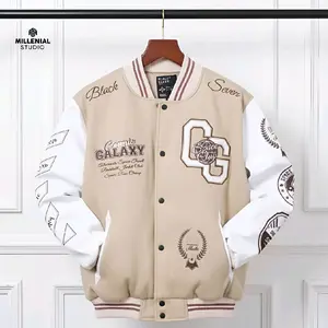 Varsity Jacket Cosmic Galaxy Cream White Blackseven | JAKET BASEBALL BORDIR ORIGINAL Jaket Pria wanita Fleece Nyaman Lembut Leather Jaket Couple Keren Tebal | Millenial Studio