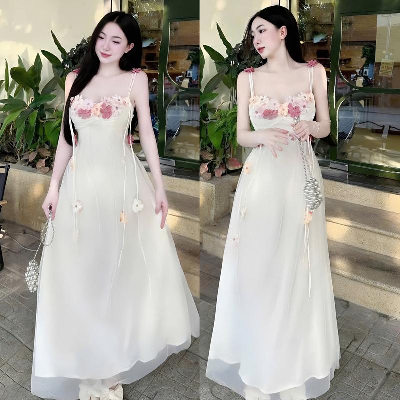 Sét đầm váy nữ tơ 2 lớp 2 dây cổ yếm đính hoa [có mút] dáng dài xinh xắn dành cho các nàng diện đi chơi đi tiệc