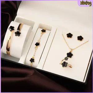 COD Ready  5 Pcs Perhiasan Antik Semanggi Titanium Wanita - Anting + Kalung + Gelang + Cincin + Gelang, Desain Klasik Hitam Elegan untuk Hadiah & Pakaian Sehari-hari