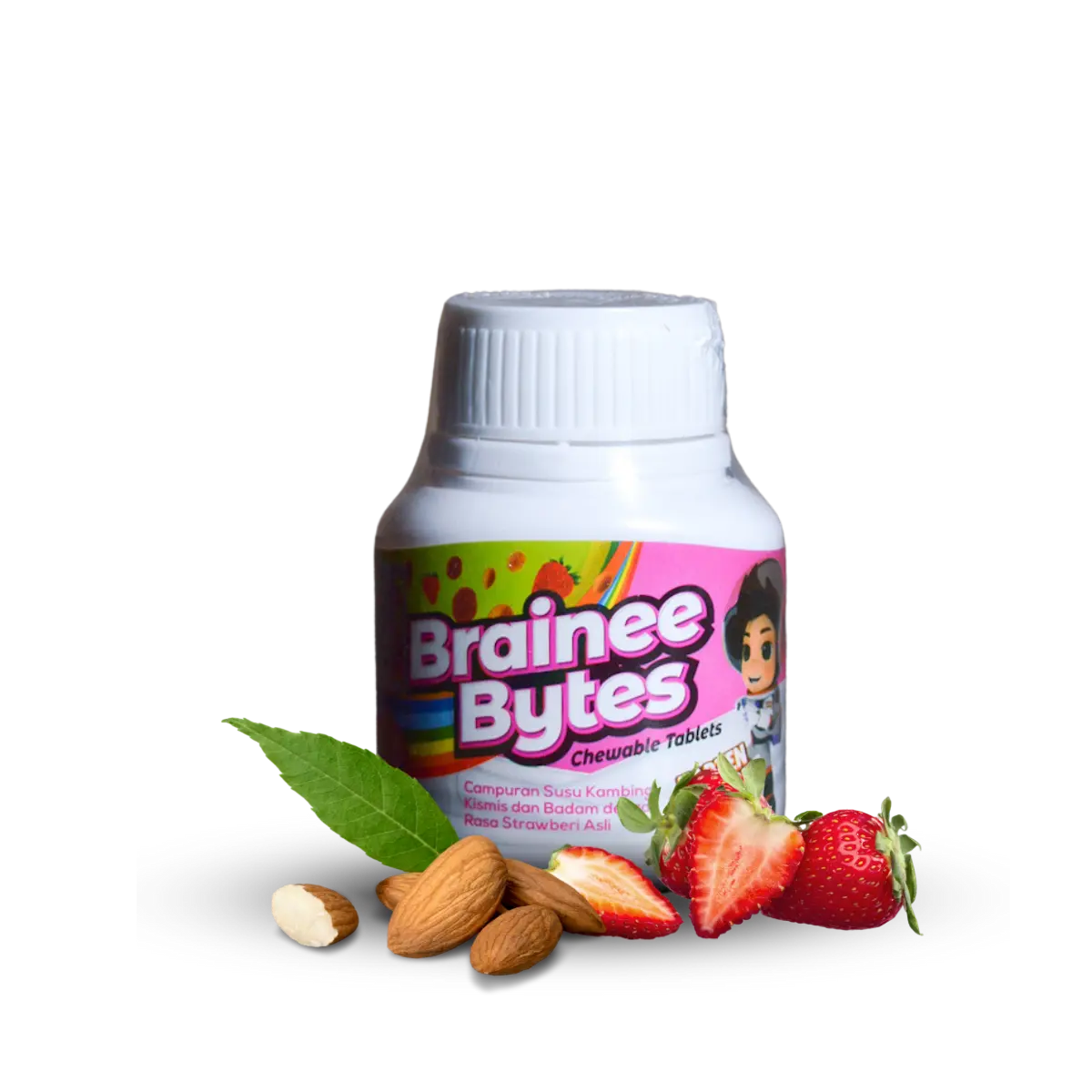 BRAINEE BYTES :: MILK SUBSTITUTE CANDY-LIKE | 50 CHEWABLE TABLETS | Delicious Natural Sweet Snack Strawberry