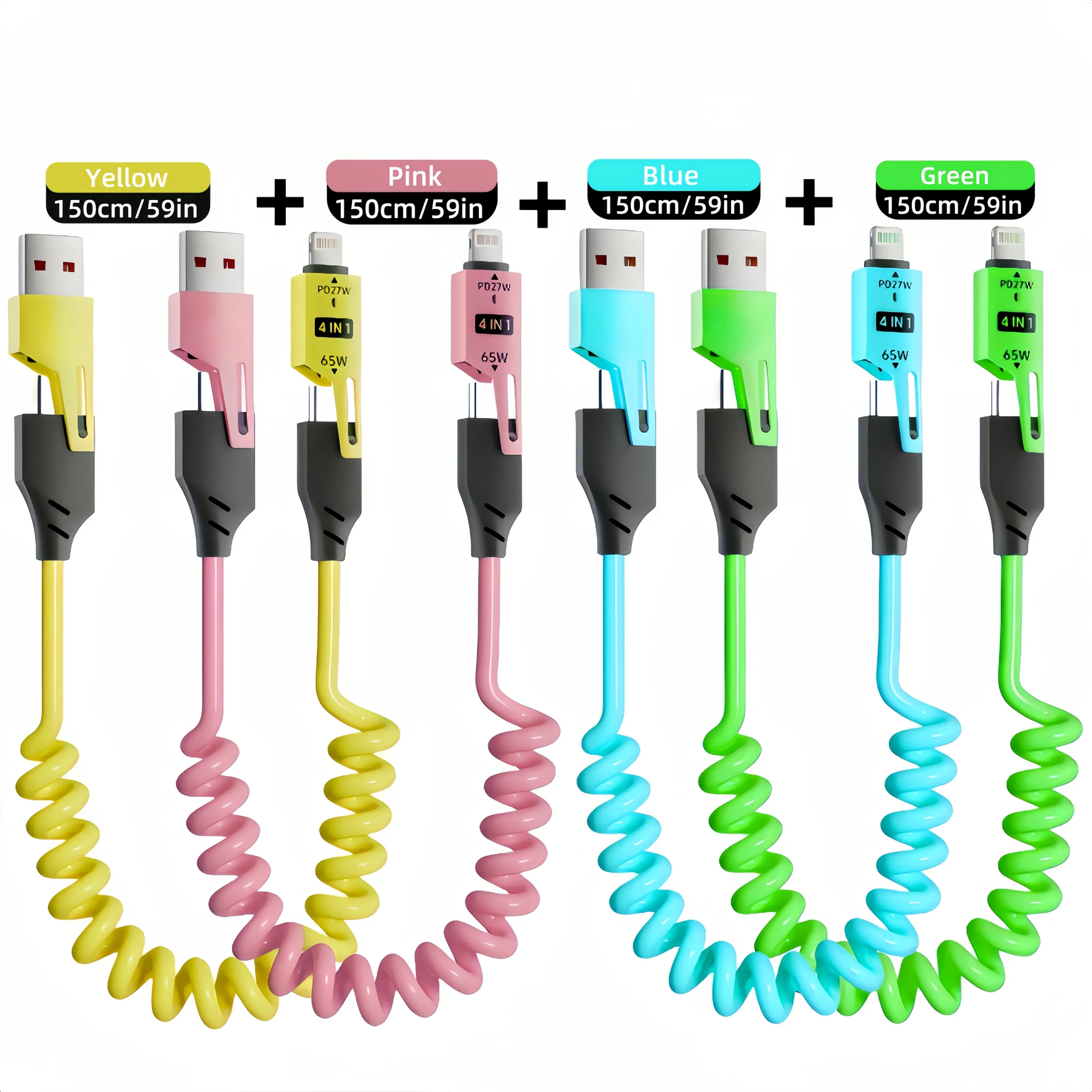 JOYTUTUS 65W High-Speed Charging Cable 65W universal 4-in-1 high-speed charging data cable, spring telescopic cable for, One Plus, Mi 13, Huawei, OPPO, for the for iPhone series of products charging, car charging the best choice
