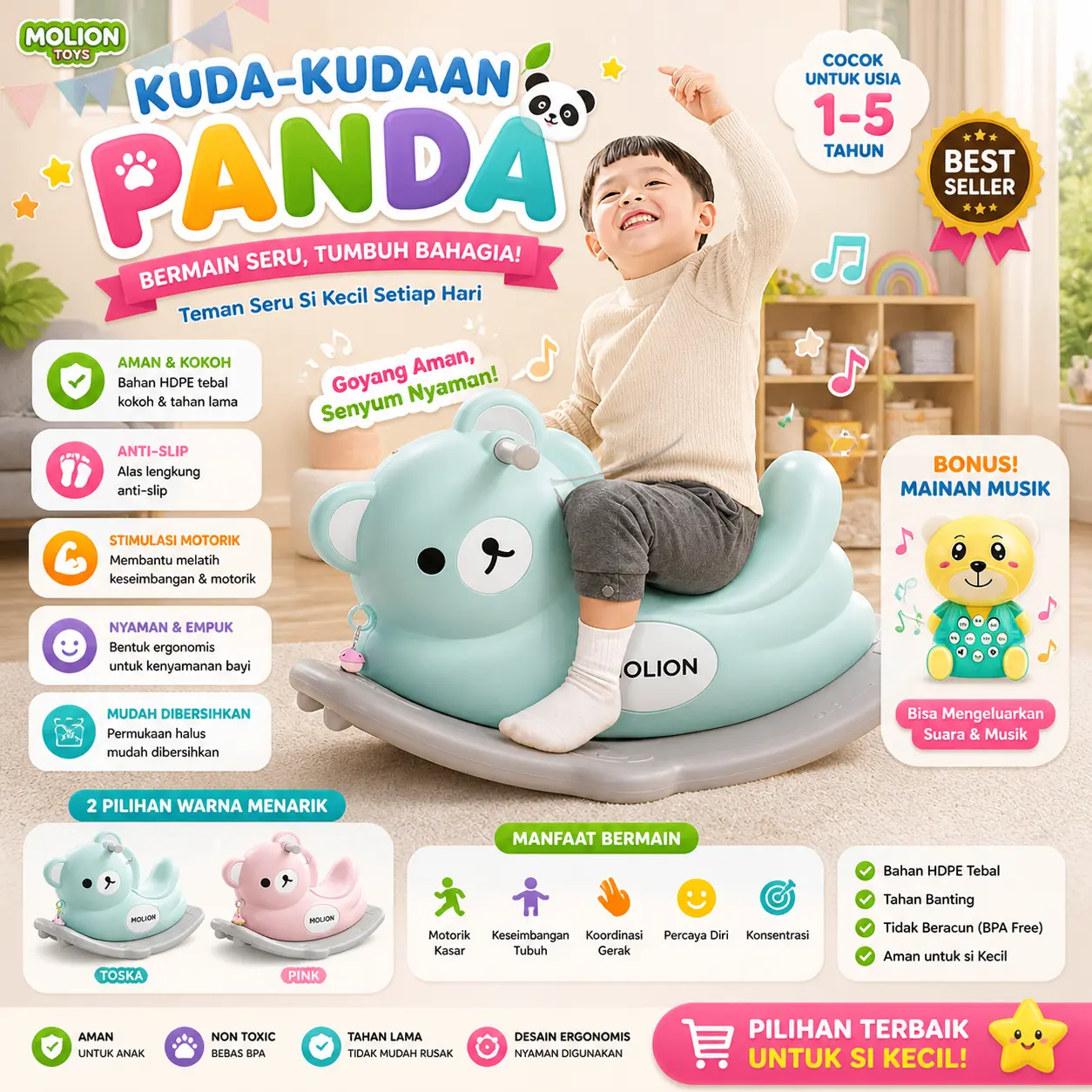 Molion Jungkat-Jungkit Anak M1004 Mainan Motif Beruang Lucu HDPE Aman Anti Slip untuk Anak 1-6 Tahun Bahan Plastik Melatih Keseimbangan Tubuh