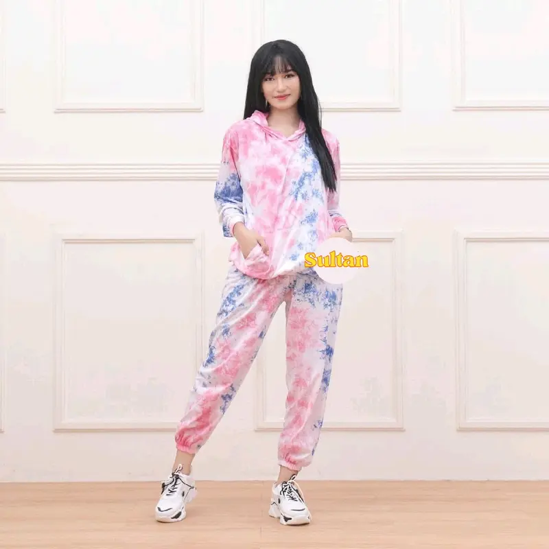 Setelan baju wanita setelan baju pelangi setelan hoodie perempuan Kaos Motif Nyaman Tie minimalis warna hitam 2