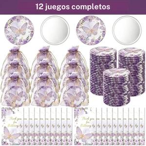 Conjunto de obsequios para fiesta con temática de mariposas, 36 piezas: incluye 12 espejos compactos, 12 tarjetas de agradecimiento y 12 bolsas de organza, para bodas
