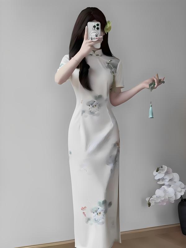 Đầm Sườn Xám Váy Sườn Xám Dài Họa Tiết Hoa Sen Phong Cách Dân Quốc Thanh Lịch Mặc Hè Cho Phái Đẹp Thiết Kế Độc Đáo Sang Trọng