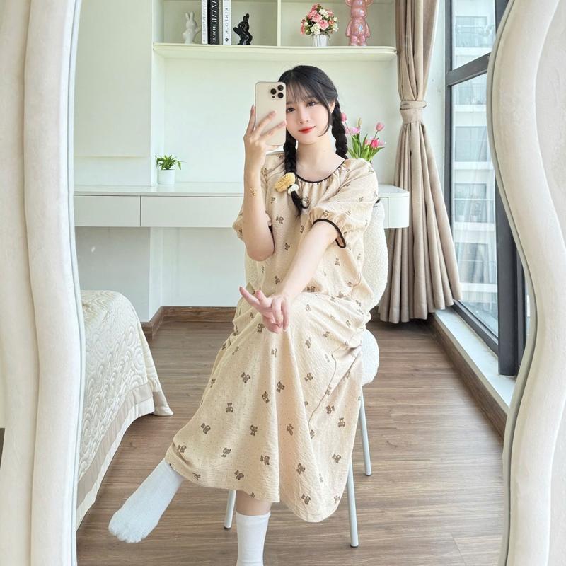 Váy Ngủ Cổ Tròn NT9, Vải Đũi Mềm Dáng Suông, mặc ở nhà hoặc đi chơi - đồ ngủ Nana