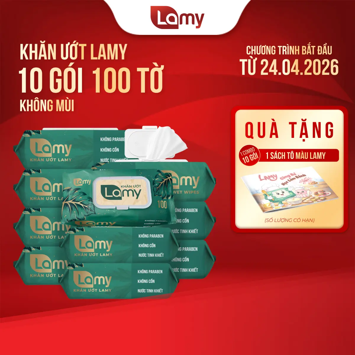 [LOẠI 100 TỜ] COMBO 10 GÓI KHĂN ƯỚT LAMY 100 TỜ không cồn, không mùi, an toàn sử dụng cho bé - 1