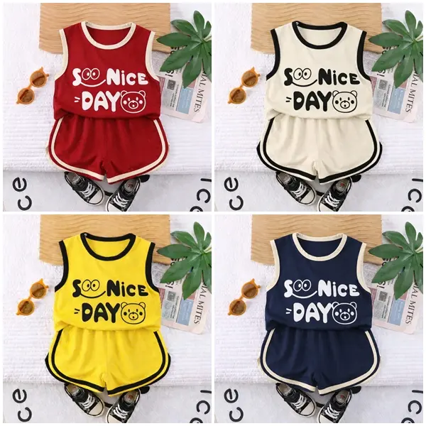 Bộ ba lỗ mùa hè in hình gấu dễ thương  NICE DAY 4 màu vàng,đỏ, xanh than, kem cho bé trai, bé gái từ 6-18kg