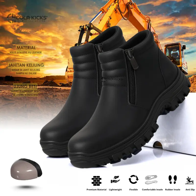 Sepatu Safety Pria Boots Slop Ujung Besi  - Safety Slip on Sepatu Kerja Safety Boots Selop - Safety Shoes Slip On Premium Sepatu Boots Pria Outdoor Adventure