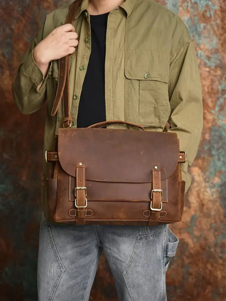 Tas Kantor Pria Kulit Asli - Tas Tangan Retro Kapasitas Besar Tas Messenger Kulit Asli Crazy Horse