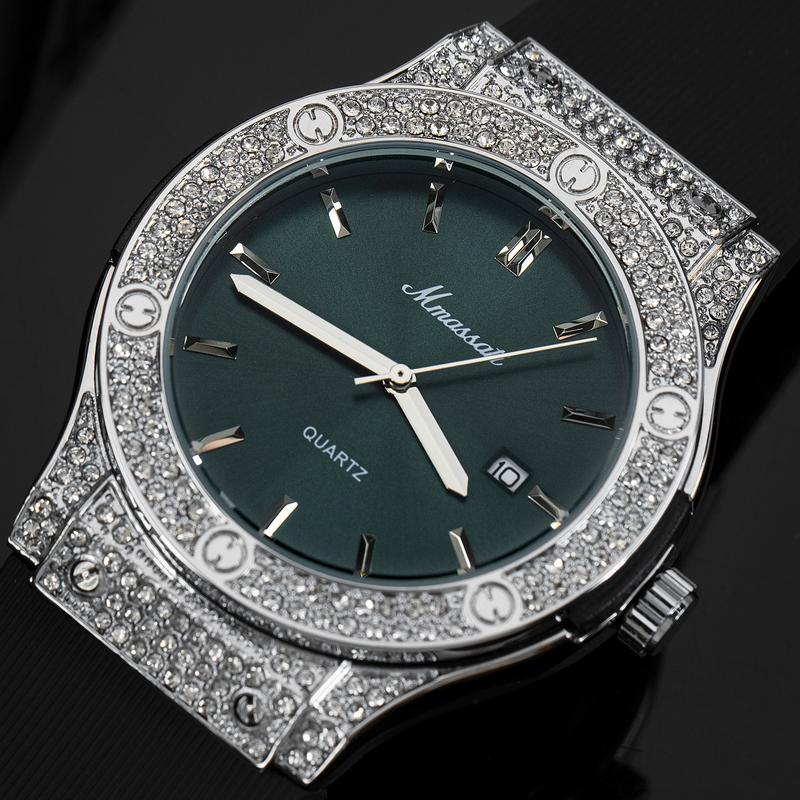 N286 Xanh - Đồng hồ nam Mmassati mặt xanh lục bảo viền đá sang trọng – dây cao su đen thể thao – máy pin Quartz cao cấp