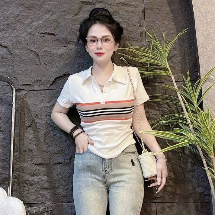 | A326| - áo thun nữ babytee from ôm body, dươi 56kg [   Cổ Trụ sọc bo ngực] borrip, co giãn,  Cổ Tròn Women Top Nhun aothun  thaibd thông thường áo vàng cổ thuyền áo polo