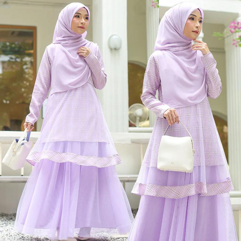 Product Introduction of Checkered Muslim 2 Layers Mesh Plaid Baju Kurung Baju Kebarung Fashion Modern 4