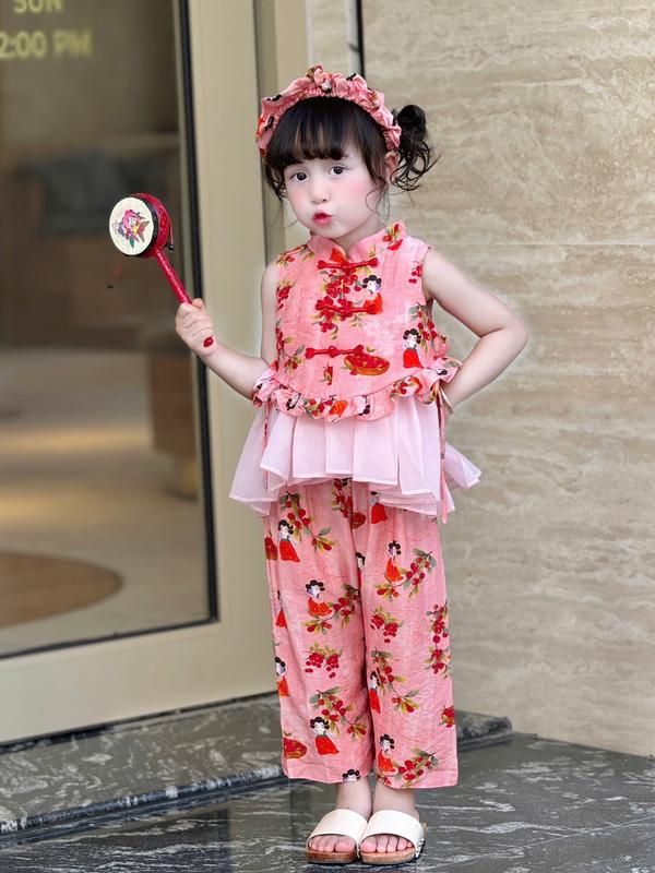 Bộ Áo Cổ Tàu Quần Dài Cô Tiên Đỏ Kèm Bờm Chất Đũi Lụa 4-15 Kg,Bộ Quần Áo Trung Thu Lễ Tết Hàng Ngày Cho Bé Gái
