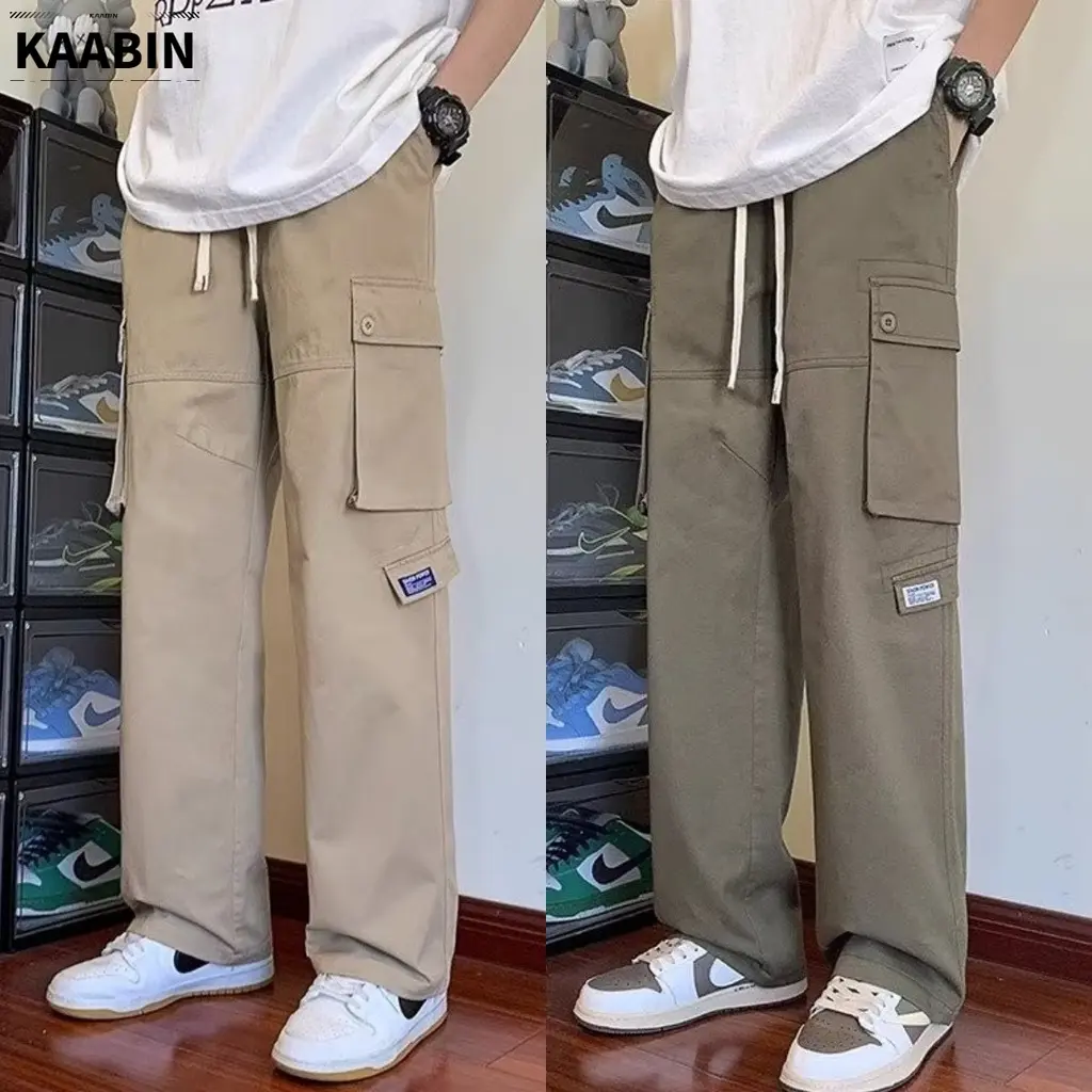 Men's cargo pants cotton trend straight pants loose pocket most