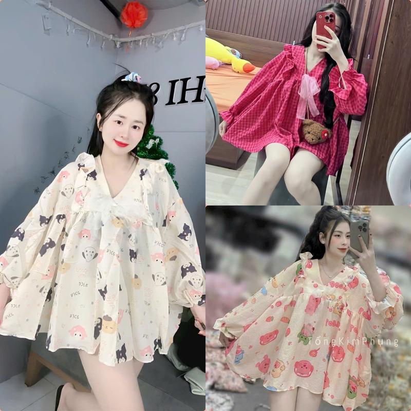   FROM RỘNG  Set áo BabyDoll bigsize kèm Quần Chất Xốp Đũi họa tiết hoạt hình dễ thương tay cánh dơi 