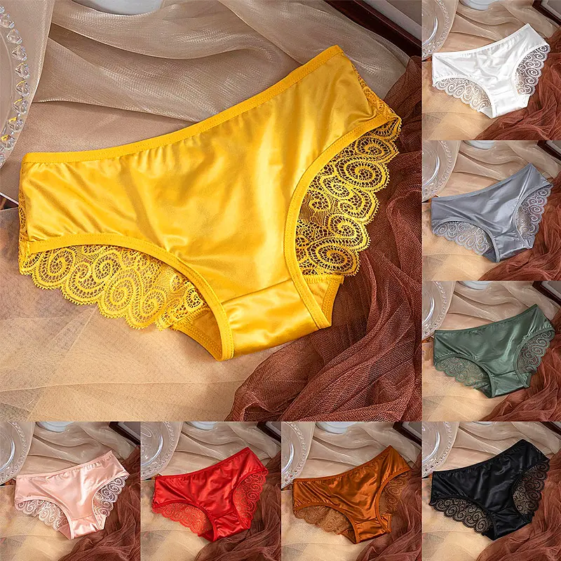 Quần Lót Ren Satin Cho Nữ, Quần Lót Gợi Cảm Bằng Lụa Băng, Màu Trơn, Đồ Lót Thoáng Khí Không Đường May, Quần Lót Rỗng, Dây G Lưới Nhẹ, Bộ Sưu Tập Mới 0