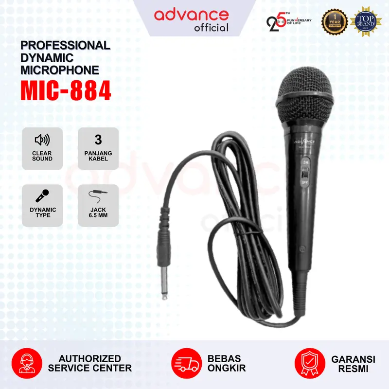 【COD】Advance MIC-884 Karaoke Profesional Dynamic Microphone Jack Besar 6.5mm - Switch ON/OFF Besi Colokan Hitam Plastik ABS