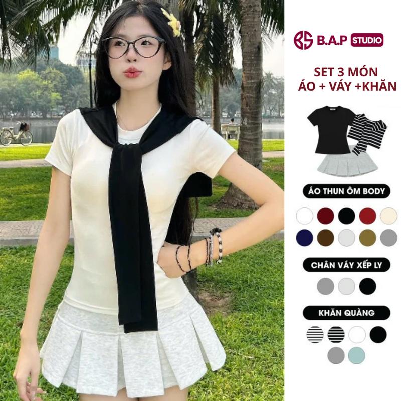 Set 3 món áo thun ôm body cotton chân váy nỉ form xếp ly kèm khăn CB01 BAP STUDIO