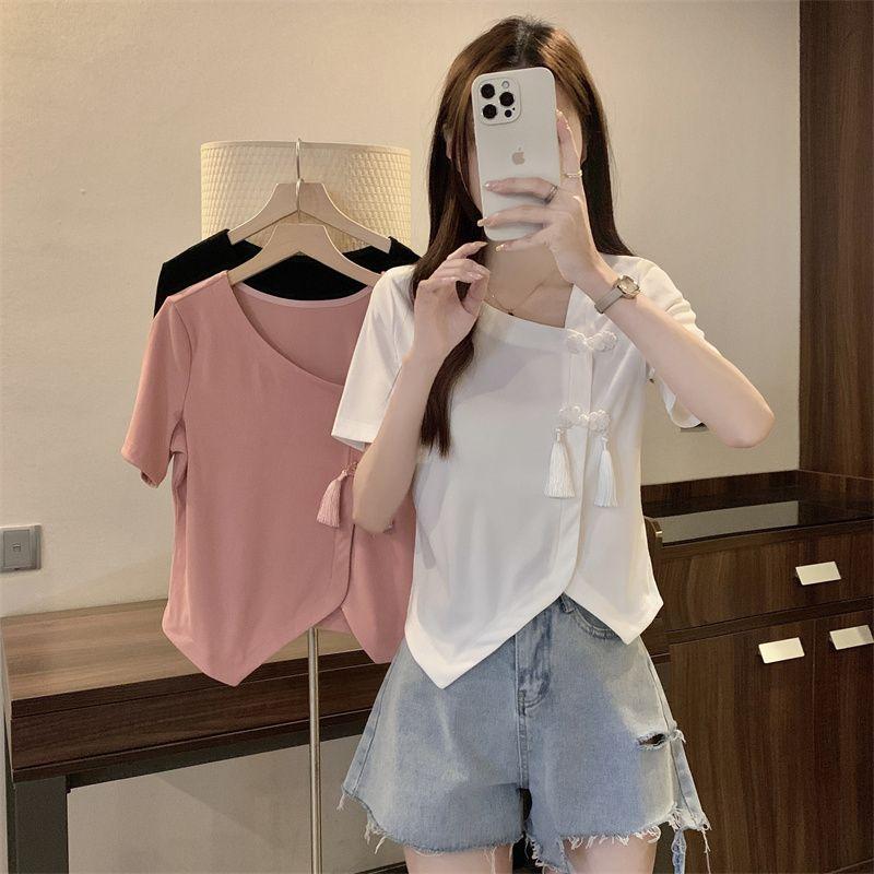 Product Introduction of Women's New Chinese Button Irregular Short T-shirt Fat Mm Cover Belly V-neck Top Womenswear Blouse Check Flat 13