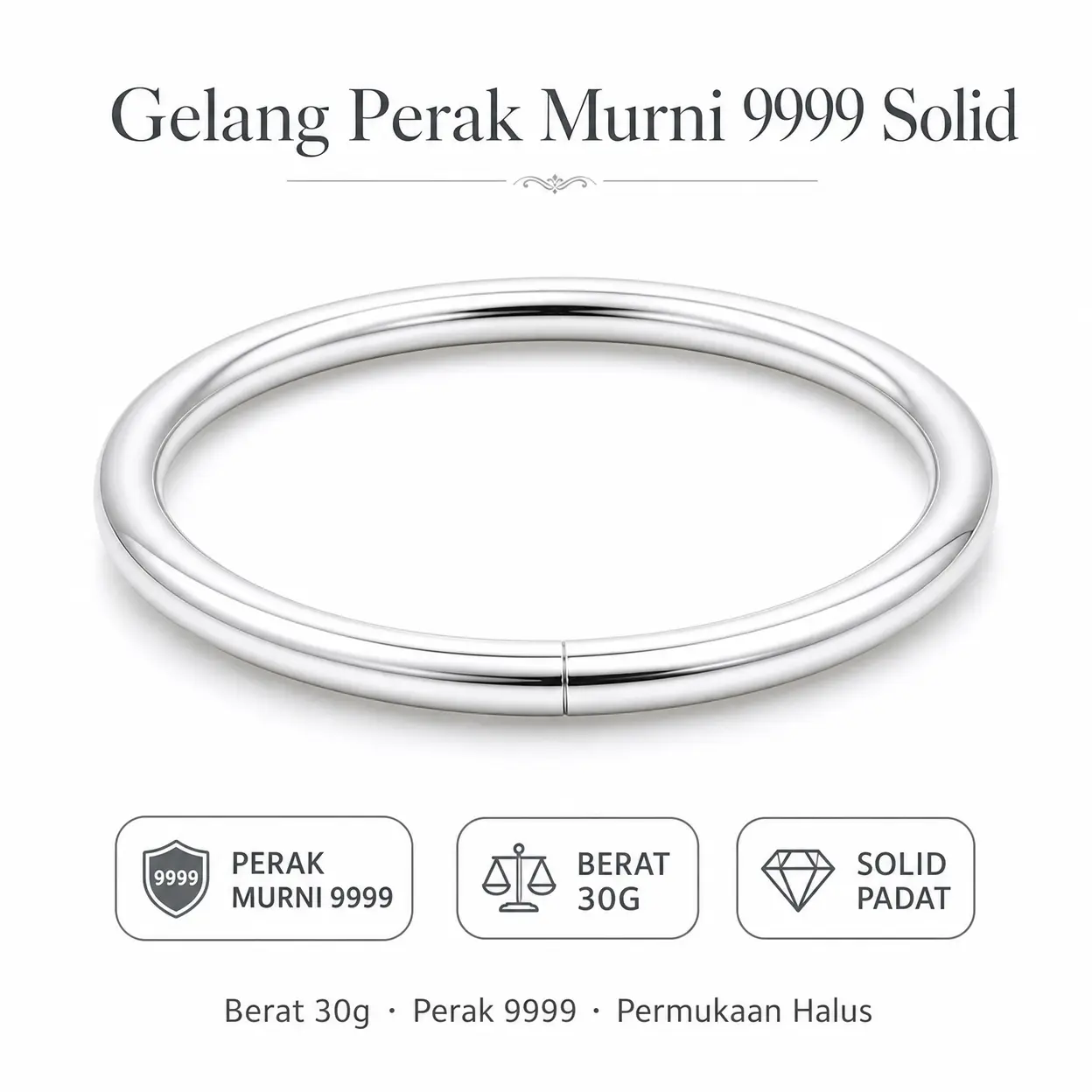 Gelang Perak Murni 9999 Solid Open Bangle 30g - Hadiah Mewah