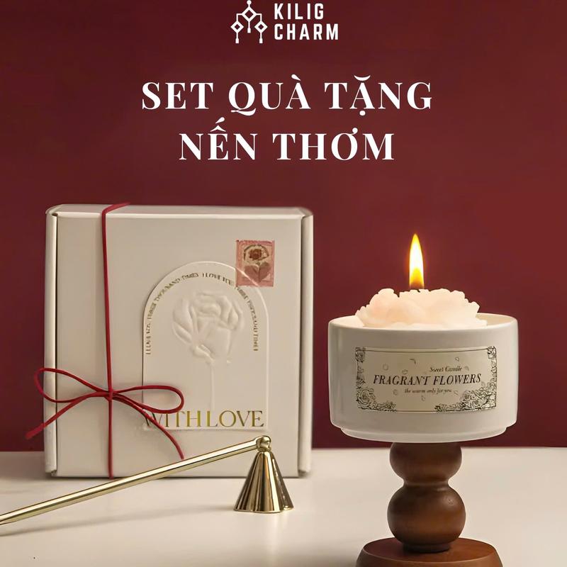 Hộp Quà Nến Thơm Giáng Sinh Noel Hình Hoa Quà Tặng Kèm Đế Gỗ 4 Mùi Hương Tặng Người Thương Decor Phòng - KILIG CHARM - KS06