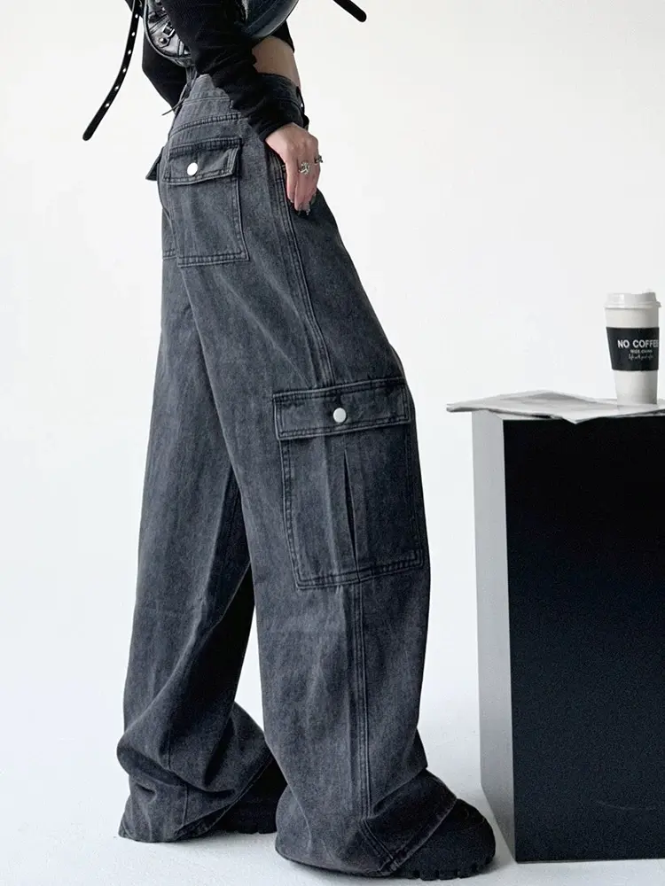 HAZO JEANS-Biru Cargo Jeans Korea Style Highwaist Loose Celana Jeans Wanita Muda Panjang Retro Straight