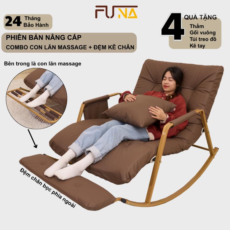   COMBO GÁC ĐỆM + MASSAGE  Ghế bập bênh thư giãn FUNA phiên bản nâng cấp combo gác chân đệm + con lăn masssage đệm nguyên tấm từ Memory foam siêu êm  điều chỉnh lưng + gác chân 5 cấp độ  với khung sắt Hòa Phát chắc chắn sơn tĩnh điện bền bỉ. 