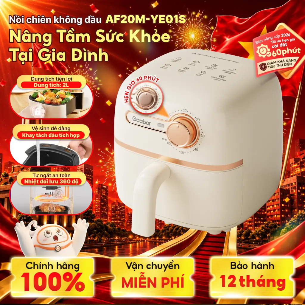 Nồi chiên không dầu Gaabor AF20M-YE01S dung tích 2l công suất 900w nóng nhanh nhỏ gọn xịn xò nấu ăn dùng cho 1 người cooker nướng lò nướng air fryer đa năng bao deal ngan h hang