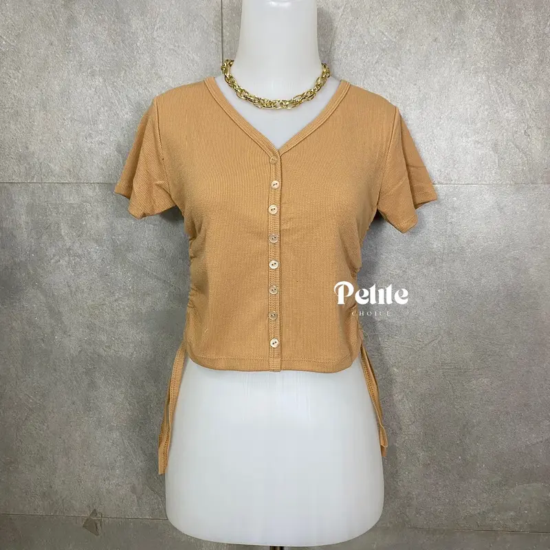 Petitechoice | HANI Top — Atasan wanita knit stretch serut casual slim fitting kancing mati tali crop korean Knitwear  Nyaman Cantik Vneck 4