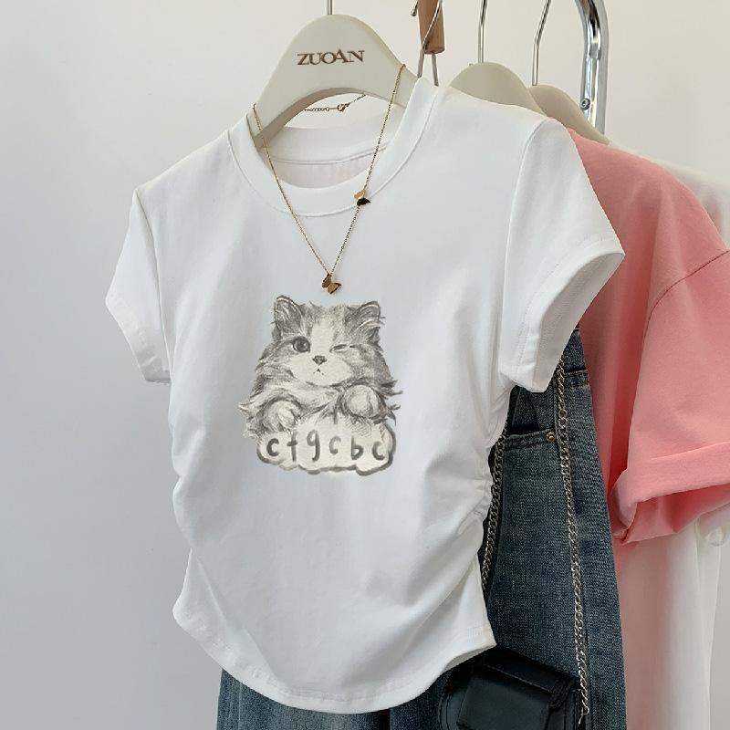 0291 Áo Thun Nữ Với Thiết Kế Độc Đáo Slim Fit Mùa Hè Cổ Tròn Ngắn Tay Hợp Thời Trang Quần Áo Làm Việc，Áo Thun Nữ Nhún Eo Xinh xắn,Áo kiểu nữ cổ tròn rúm eo vải thun tăm co giãn 1