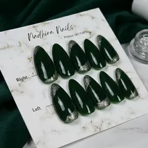 Kuku palsu Handmade Hijau Dengan desain unik dan glitter white