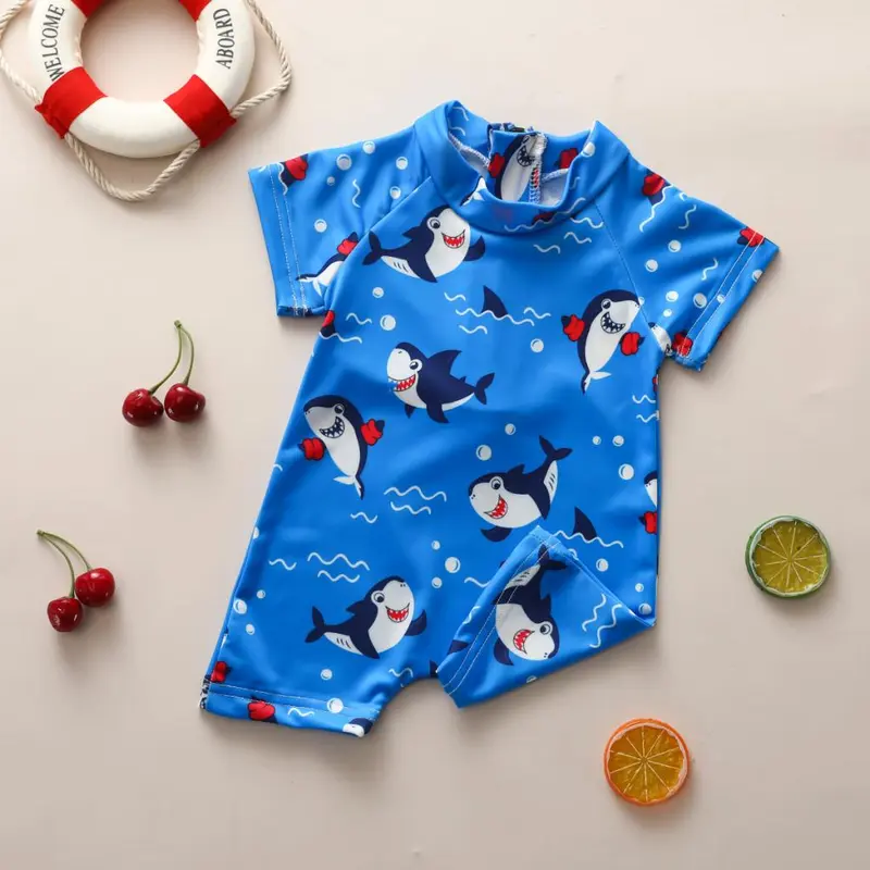 Baju Monyet Musim Panas Bayi Laki-laki Pakaian Renang Ritsleting Lengan Pendek Pola Hiu Kartun untuk Anak Laki-laki Pakaian Mandi Hiu 4
