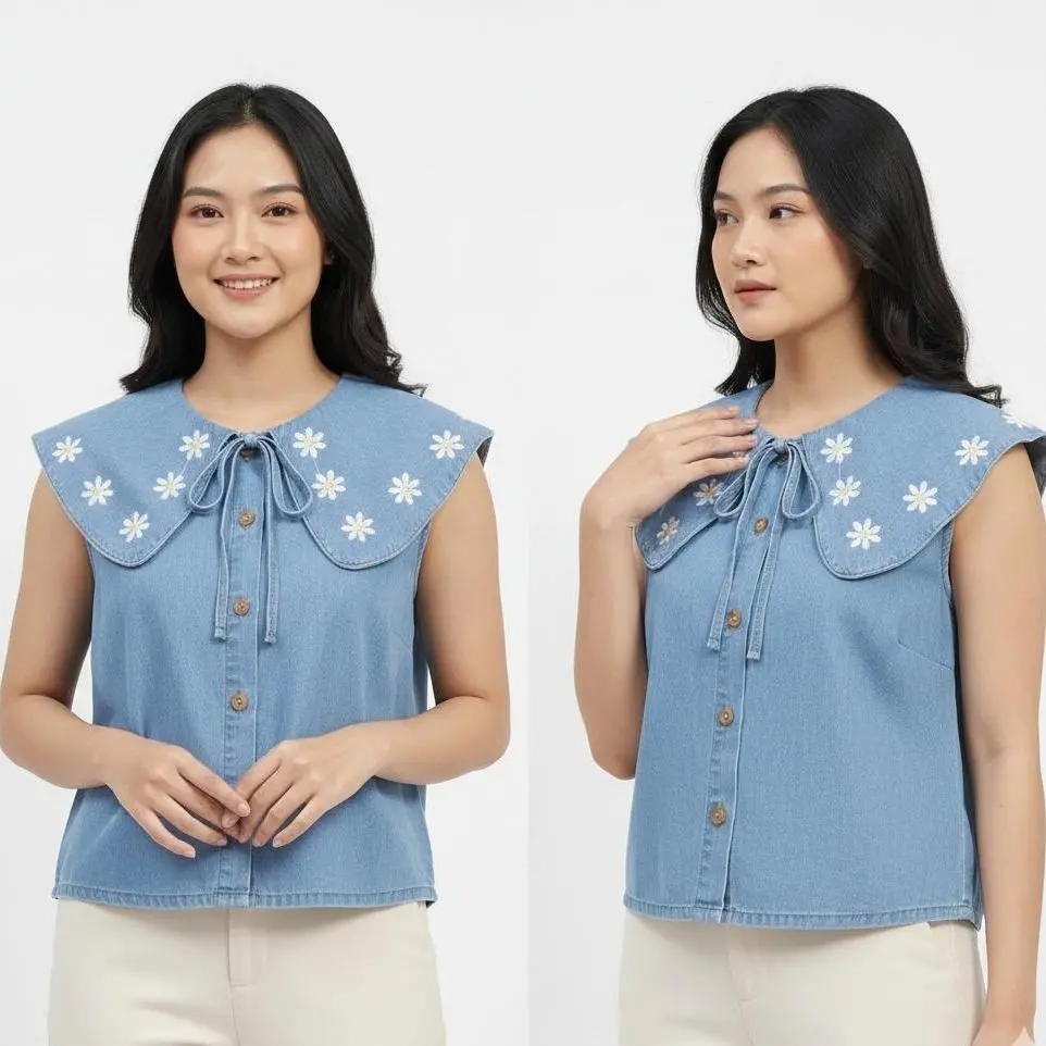 VEST OUTER DENIM KERAH SAILOR WANITA HAMARA | ATASAN VEST ROMPI DENIM WANITA FLORAL MOTIF BUNGA KOREAN STYLE PREMIUM