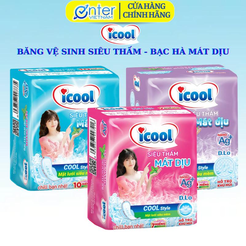 (Combo 8 gói) Băng vệ sinh ICOOL Siêu Thấm Mới mặt lưới mềm mại kháng khuẩn, thấm hút tốt, có cánh bạc hà mát dịu nano ag+Tampon, Nữ