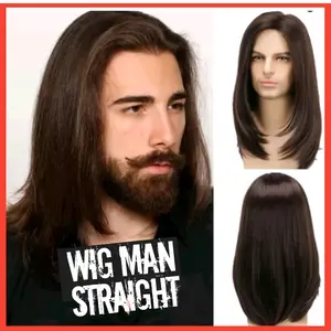 Wig Pria Rambut Panjang Lurus Belahan Tengah Warna Hitam Gaya Pria Eropa Berwibawa