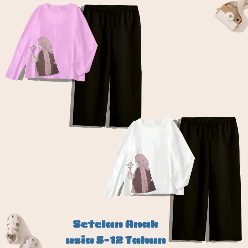 Baju 1 Set Anak Lengan Panjang Celana Kulot usia 5-12 Tahun MOTIF SERI HIJAB 4 7